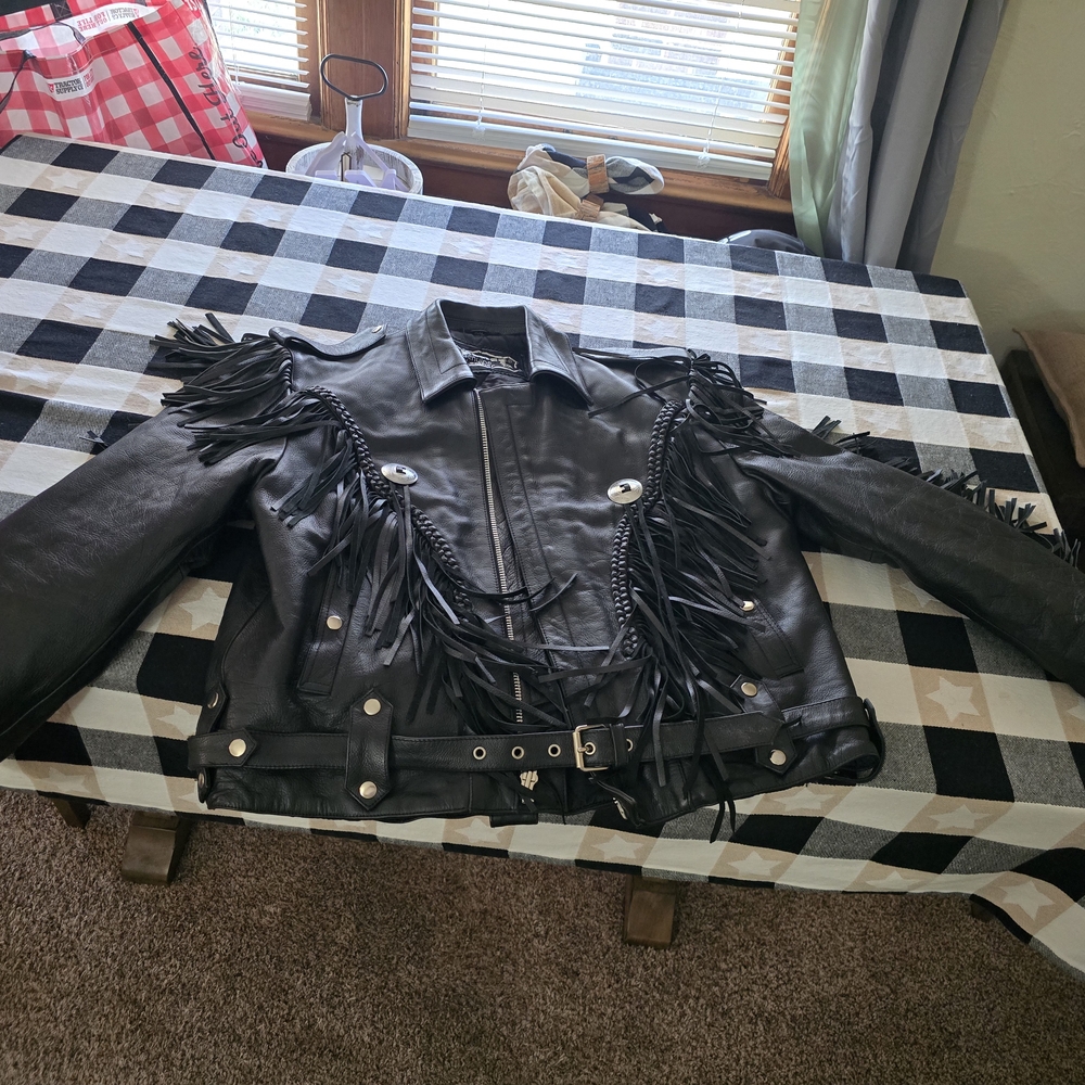 First Genuine Leather Women's Black Leather Jacket with Fringe